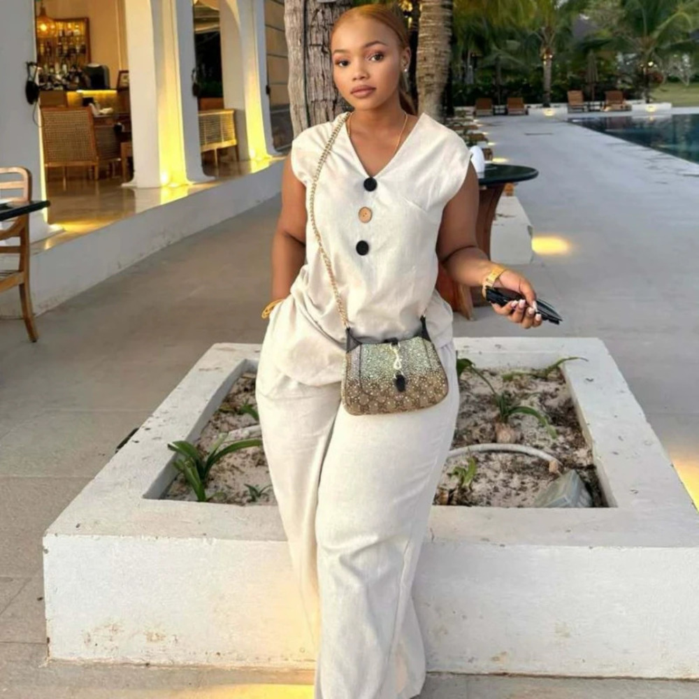 ZARA Chic Button Collar Solid Camisole African Casual Pants Women 2 Piece Set